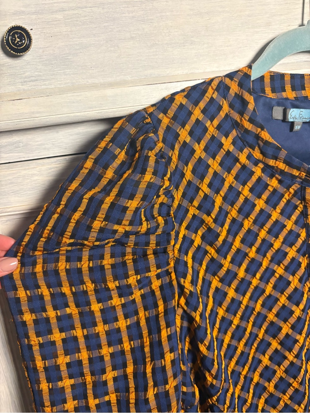 Anthropologie Eva Franco Textured Plaid Blouse Button Puff Sleeve Preppy Twee - Picture 6 of 13